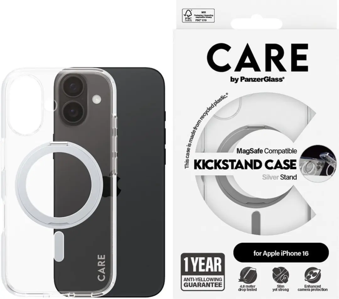PanzerGlass CARE Feature Case iPhone 16 - Transparant Zilver Kickstand - afbeelding 4 van 6