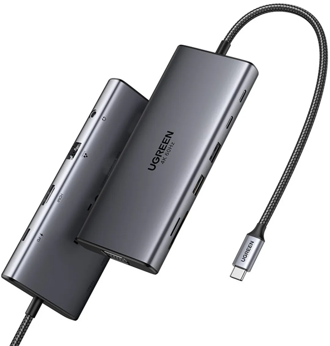 UGREEN USB-C Hub 2x USB-C 10Gbps 4K60Hz PD RJ45 - Grijs