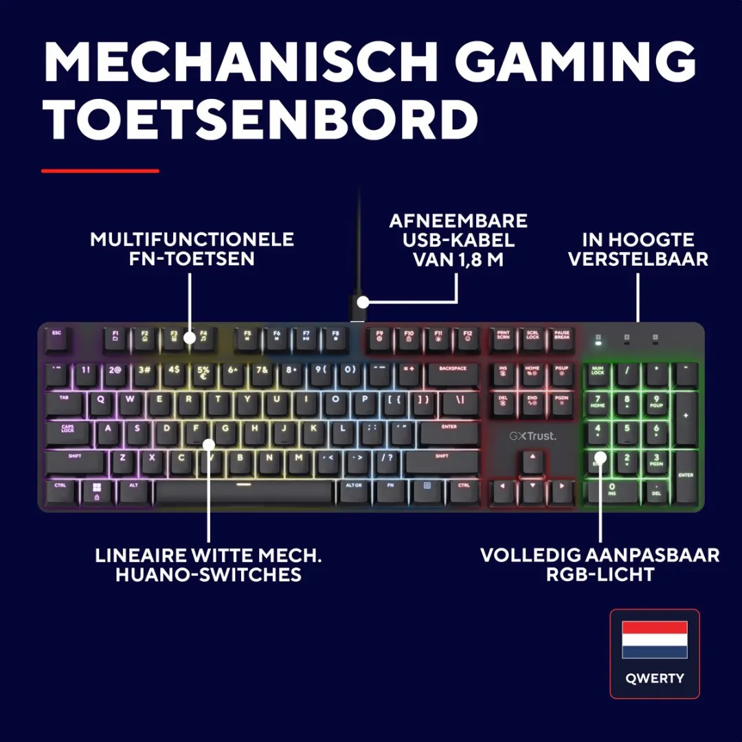 Trust GXT 871 Zora Mechanisch Gamingtoetsenbord - Lineaire Switches - Zwart