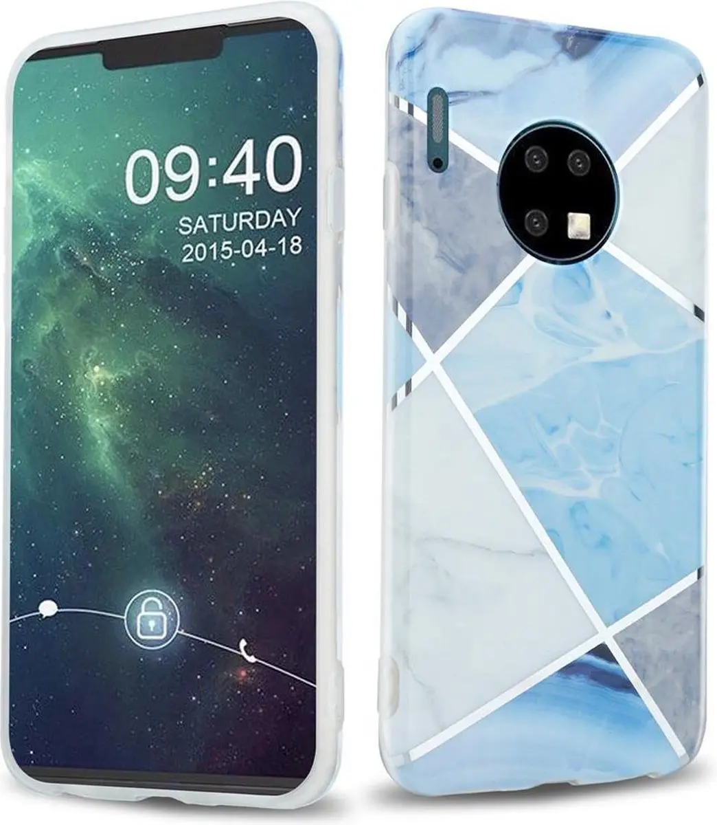 Cadorabo Hoesje geschikt voor Huawei MATE 30 in Blauw Wit Grijs Marmer No. 2