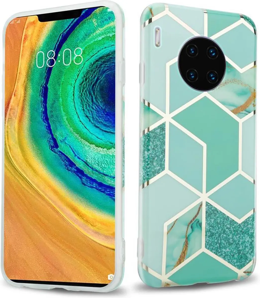 Cadorabo Hoesje geschikt voor Huawei MATE 30 PRO in Groen Lichtgroen Goud Marmer