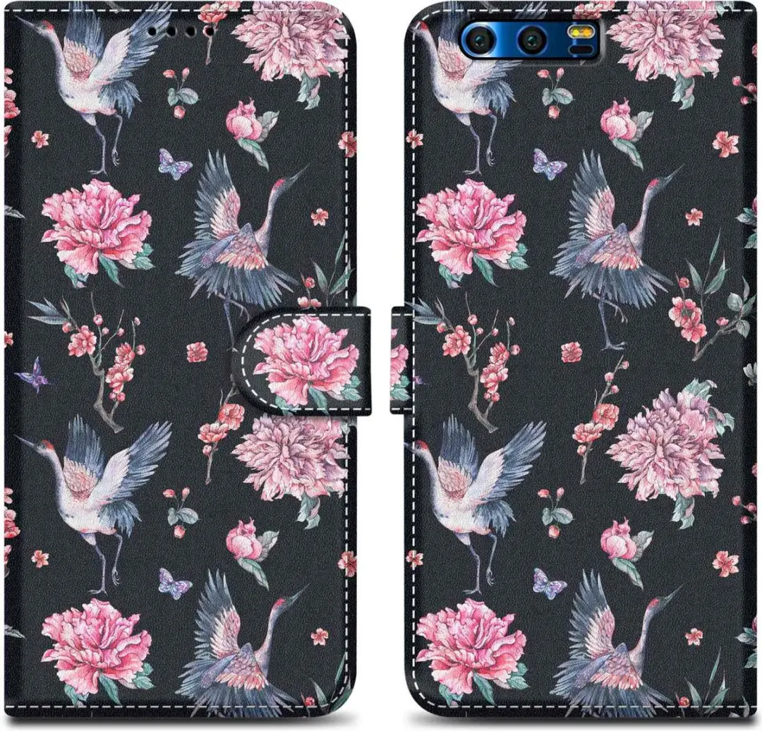 Cadorabo Hoesje geschikt voor Honor 9 - Design Kraan & Bloemen No. 9 - Beschermhoes Case Cover met magnetische sluiting, standaardfunctie en kaartvakje
