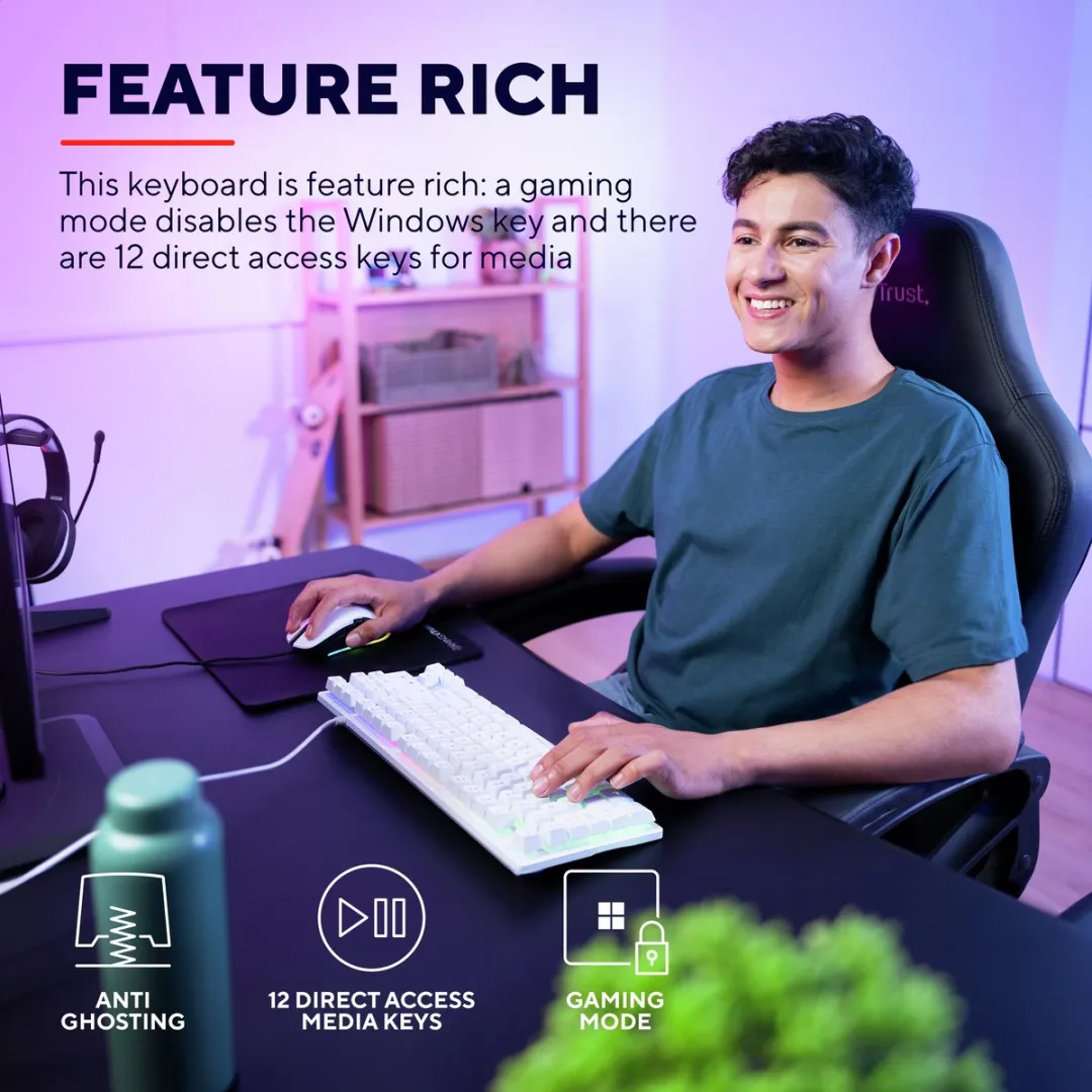 Trust GXT 833W Thado - Gaming Keyboard - TKL (tenkeyless) - Verlichting - PC/PS5 - Qwerty - Wit