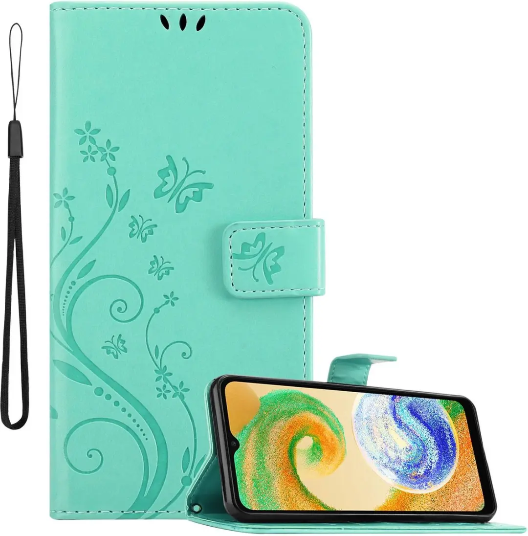 Cadorabo Hoesje geschikt voor Samsung Galaxy A04s / A13 5G / M13 5G in BLOEMEN TURKOOIS - Beschermhoes in bloemmotief met magnetische sluiting, standfunctie en kaartsleuven Book Case Cover Etui