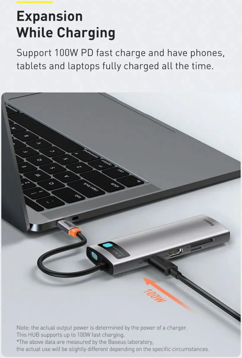 Baseus Gleam 8-in-1 USB-C Hub - Grijs - 4K HDMI, 3x USB 3.2, RJ45