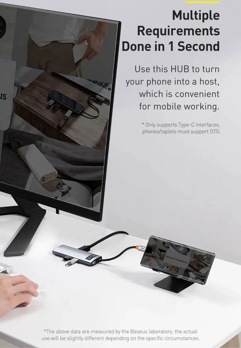 Baseus Gleam 8-in-1 USB-C Hub - Grijs - 4K HDMI, 3x USB 3.2, RJ45