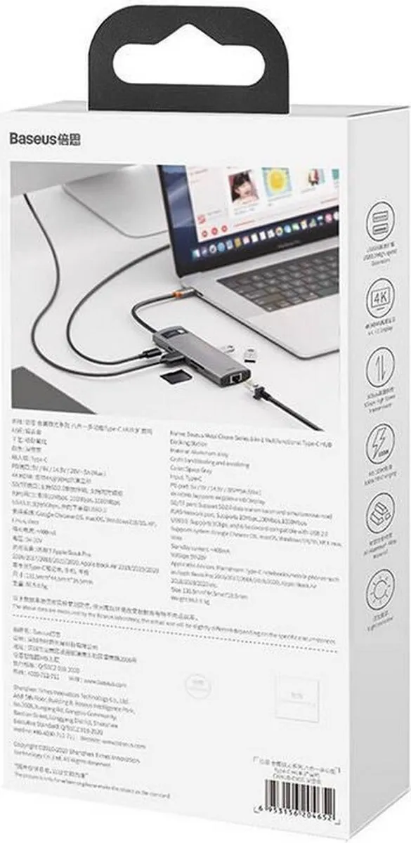 Baseus Gleam 8-in-1 USB-C Hub - Grijs - 4K HDMI, 3x USB 3.2, RJ45