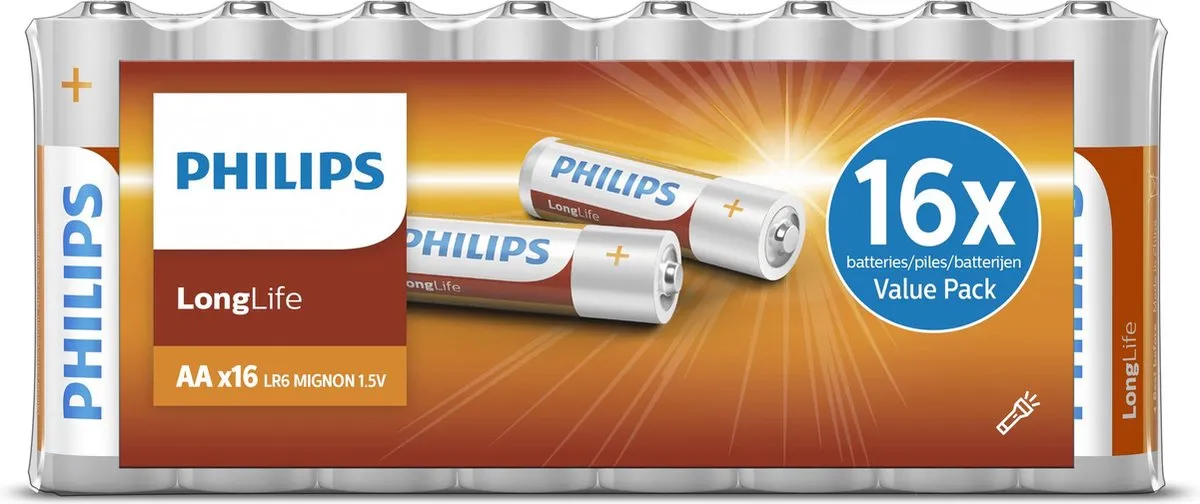 Philips LongLife AA Batterijen 2500mAh - 16 Stuks