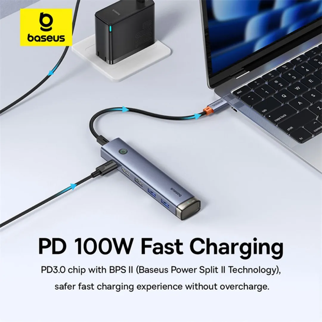 Baseus UltraJoy Air 6-in-1 USB-C Hub - 4K 60Hz - 100W - Space Grey - afbeelding 6 van 6
