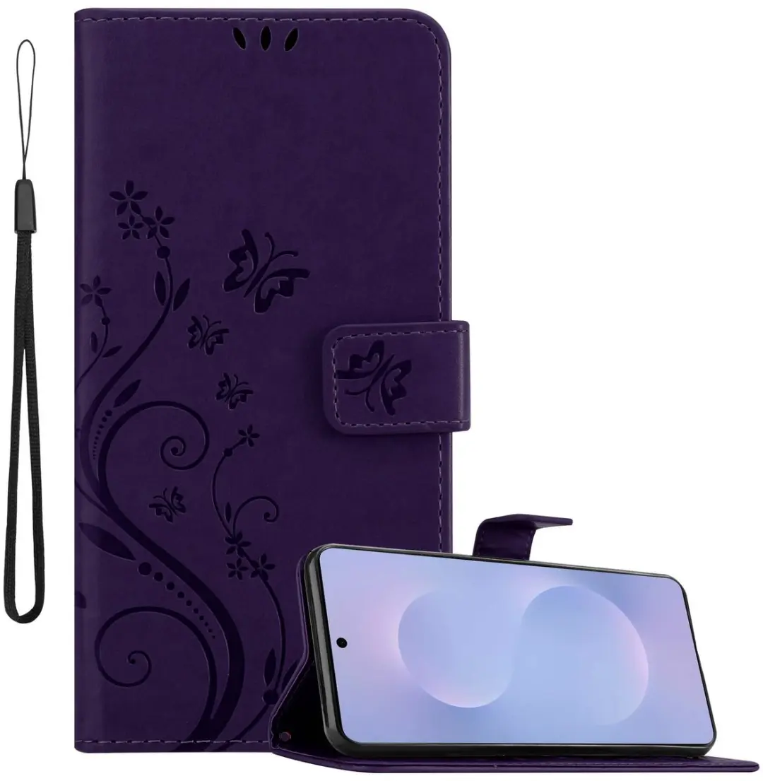 Cadorabo Hoesje geschikt voor Samsung Galaxy S25 Edge in Bloemen in donkerpaars Beschermhoes in bloemmotief met magnetische sluiting, standfunctie en kaartsleuven