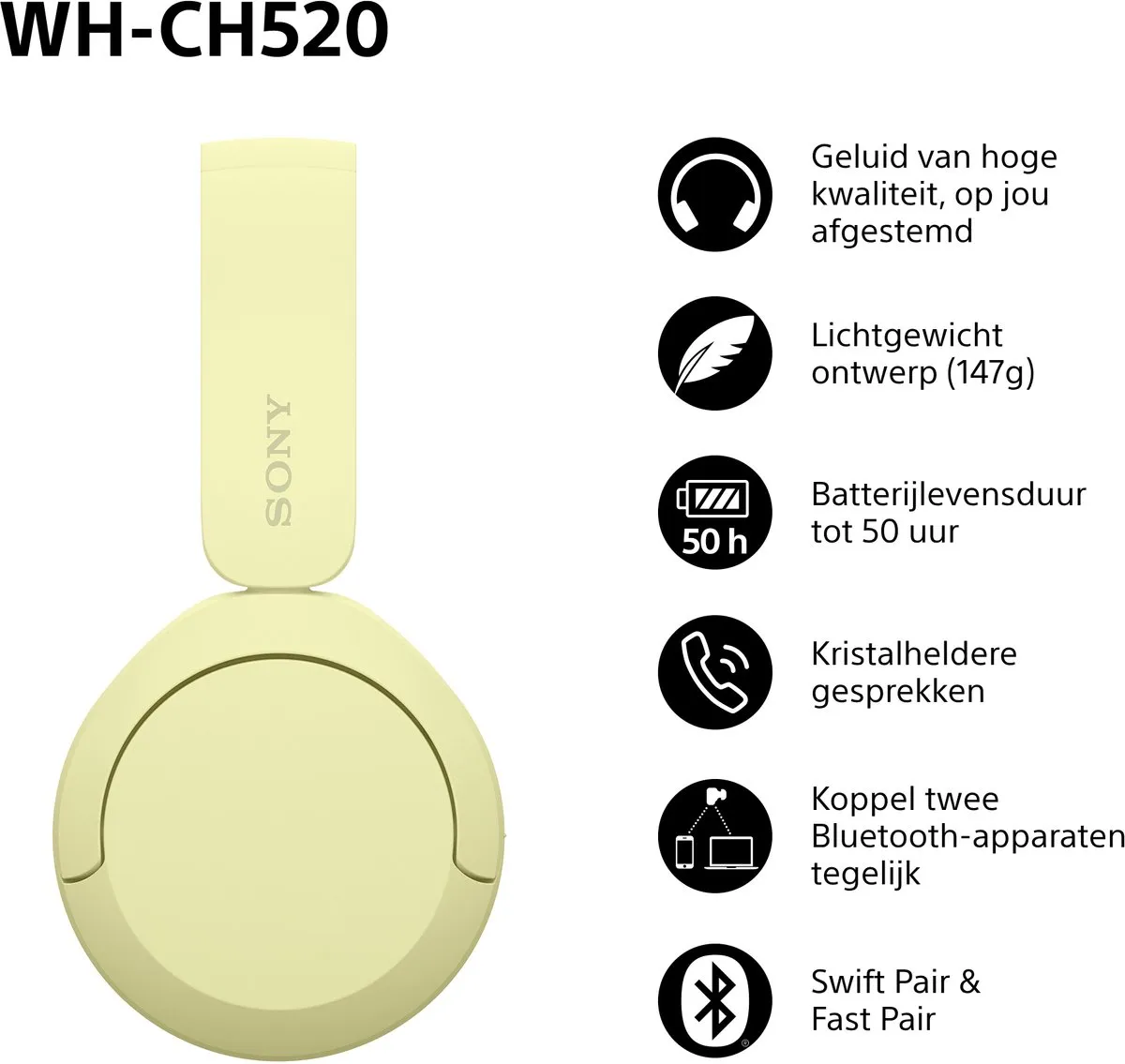 Sony WH-CH520 Draadloze On-Ear Koptelefoon - Geel