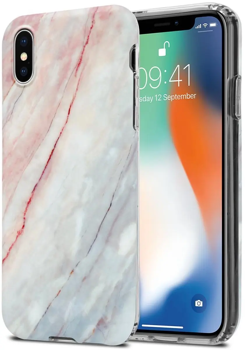 Cadorabo Hoesje geschikt voor Apple iPhone X / XS in Roze Wit Marmer No. 21