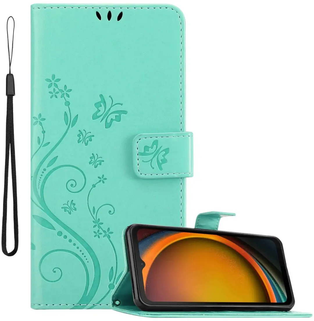 Cadorabo Hoesje geschikt voor Samsung XCover 7 in BLOEMEN TURKOOIS - Beschermhoes in bloemmotief met magnetische sluiting, standfunctie en kaartsleuven Book Case Cover Etui