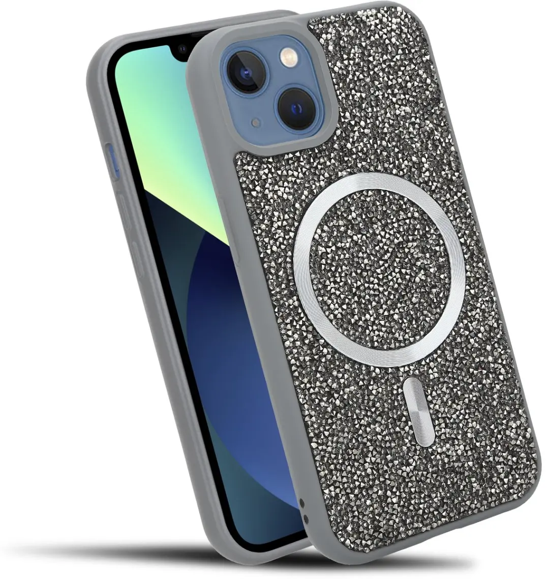 Hoesje geschikt voor iPhone 13 / 14 in Grijs Diamant Glitter Stijl