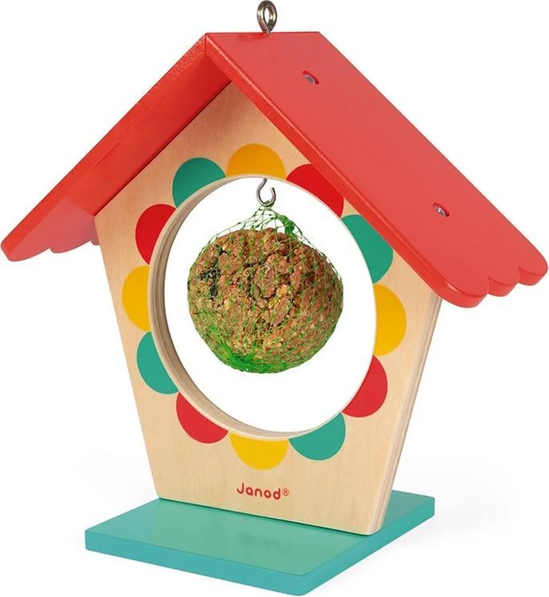 Janod Happy Garden Vogelvoederhuisje - Geel/Rood/Hout/ Groen