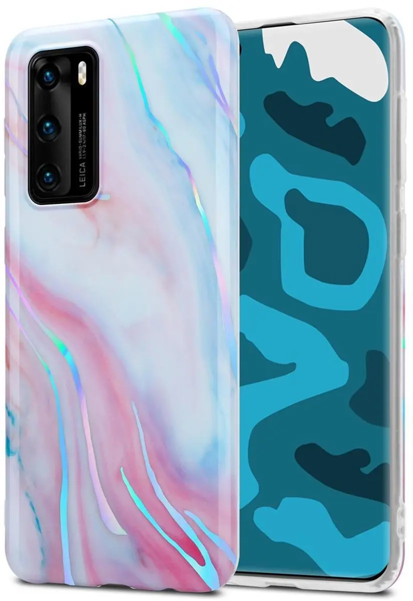 Cadorabo Hoesje geschikt voor Huawei P40 in Wit Roze Marmer No. 15