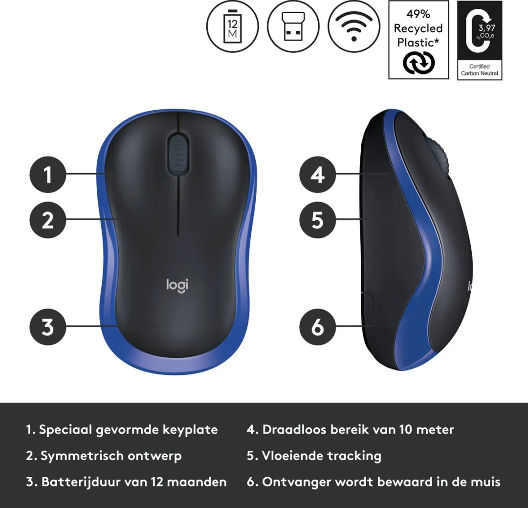 Logitech M185 Draadloze Muis - Blauw