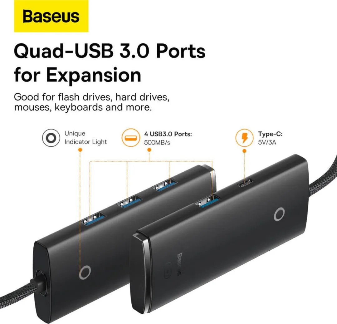 Baseus Lite Series HUB-adapter USB-C 4x USB 3.0 - 1m - Zwart