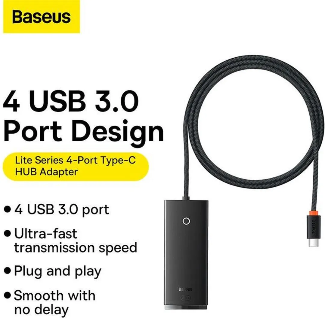 Baseus Lite Series HUB-adapter USB-C 4x USB 3.0 - 1m - Zwart - afbeelding 6 van 6
