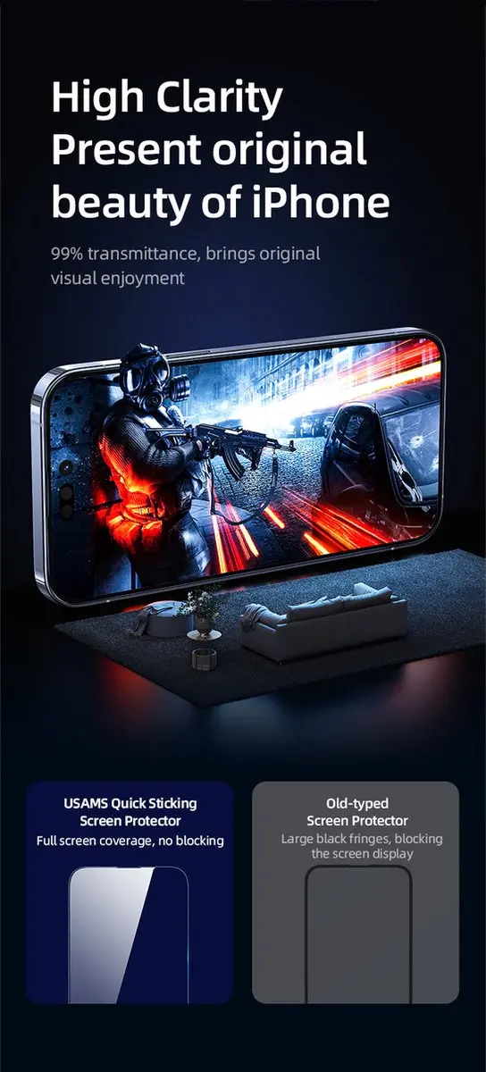 USAMS Full Screen HD Screenprotector iPhone 14 Pro - afbeelding 4 van 6