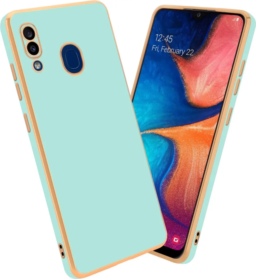 Cadorabo Hoesje geschikt voor Samsung Galaxy A20 / A30 / M10s in Glossy Mintgroen - Goud - Beschermhoes Case Cover van flexibel TPU-silicone en met camerabescherming