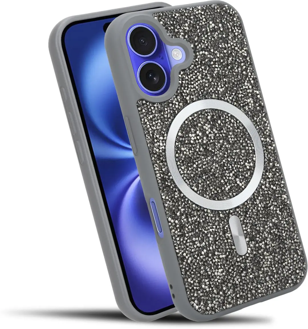 Hoesje geschikt voor iPhone 16 in Grijs Diamant Glitter Stijl