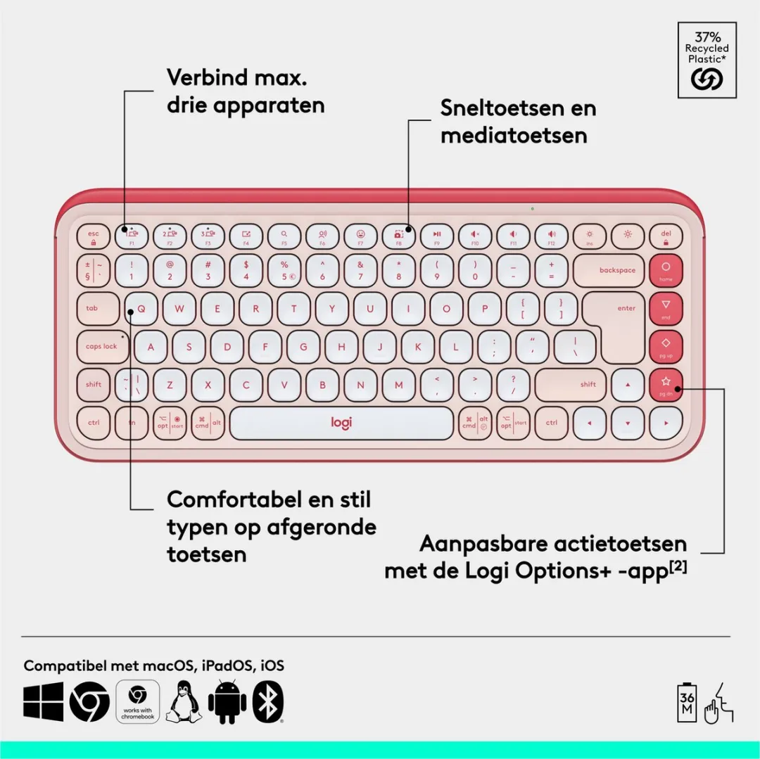 Logitech POP Icon Keys Draadloos Toetsenbord - QWERTY US - Roze - afbeelding 6 van 6