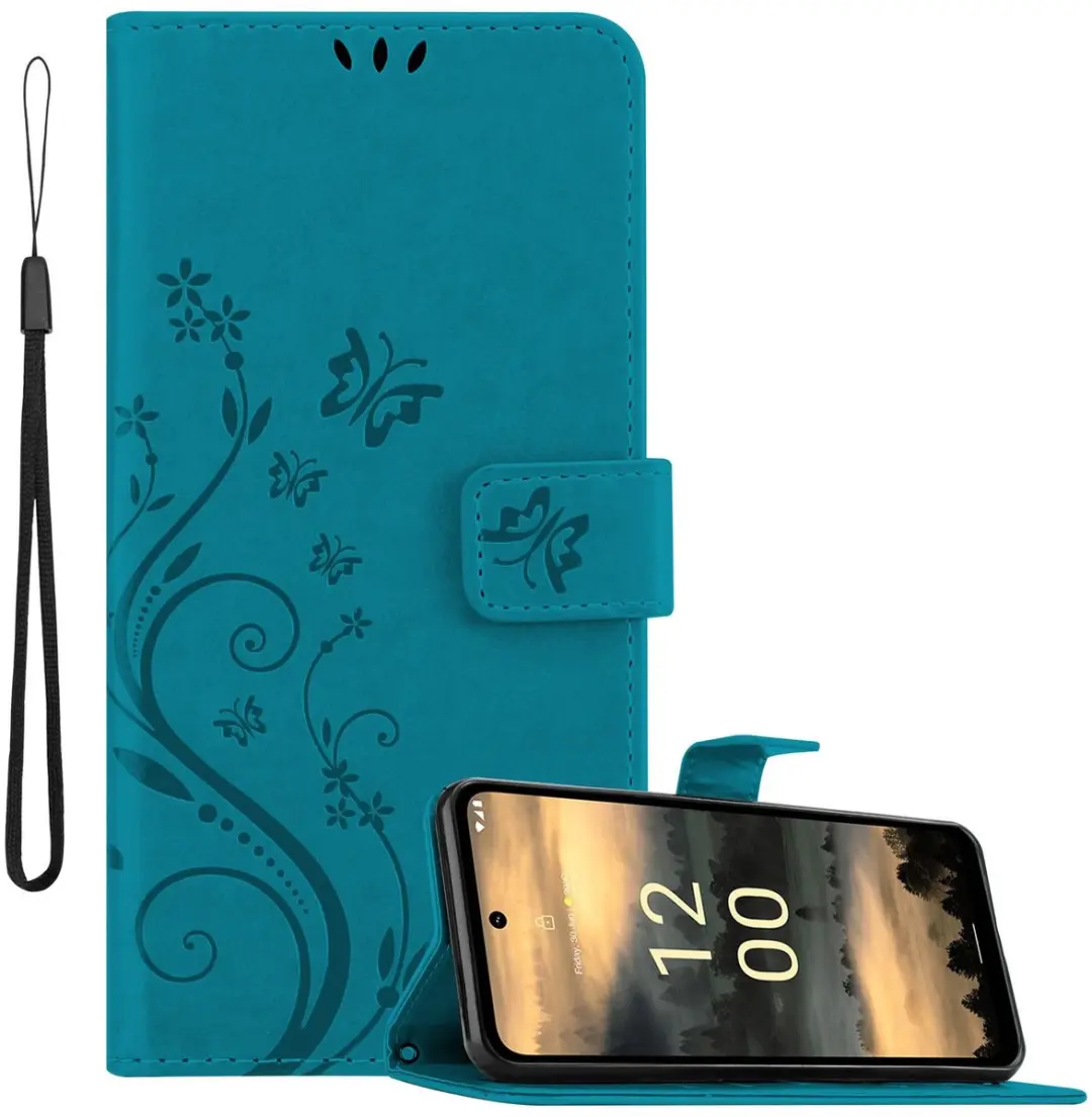 Cadorabo Hoesje geschikt voor Nokia XR21 in BLOEMEN BLAUW - Beschermhoes in bloemmotief met magnetische sluiting, standfunctie en kaartsleuven Book Case Cover Etui