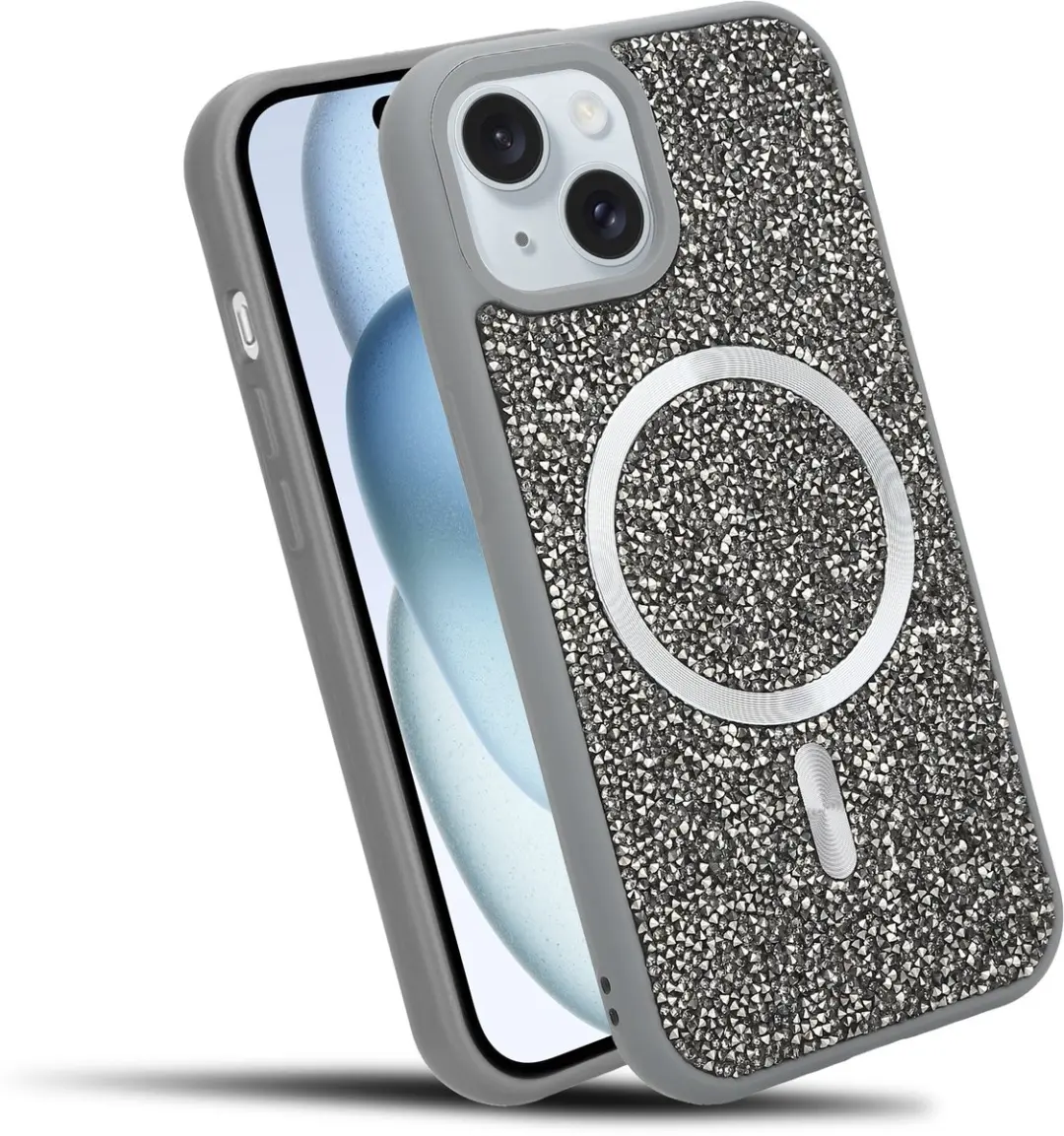 Hoesje geschikt voor iPhone 15 in Grijs Diamant Glitter Stijl