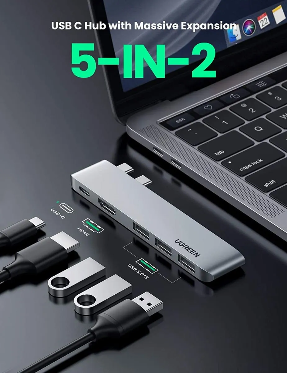 Ugreen HUB 6055 USB-C Multifunctionele Adapter - 100W PD, 4K@60Hz, 3x USB 3.0 - Grijs