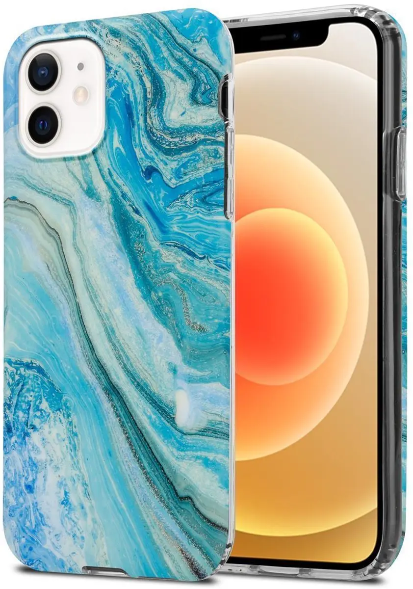 Cadorabo Hoesje geschikt voor Apple iPhone 12 PRO MAX in Blauw Groen Marmer No.