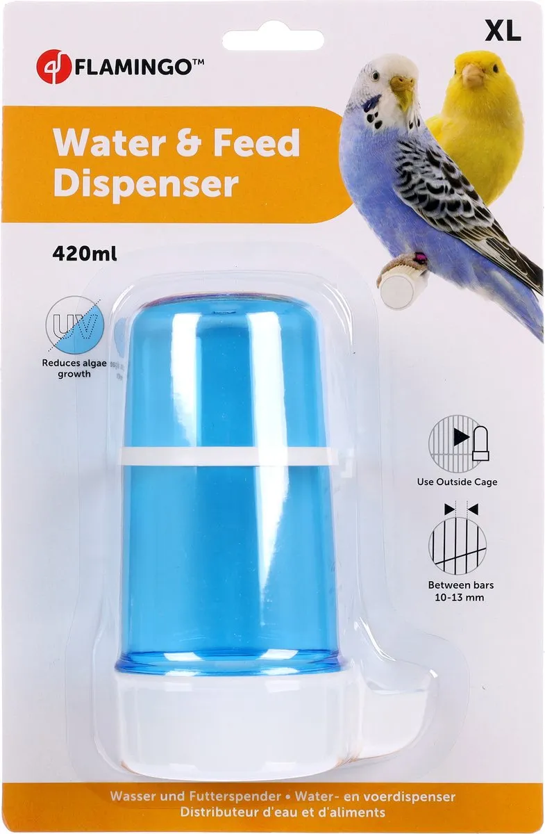 Flamingo Gisa Neri XL Vogel Drink- en Voederfontein - Blauw/wit 420ml