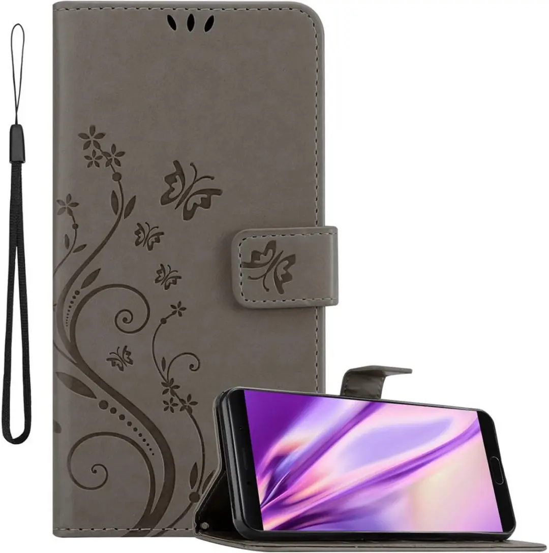 Cadorabo Hoesje geschikt voor Huawei MATE 10 / NOVA 2i in BLOEMEN GRIJS - Beschermhoes in bloemmotief met magnetische sluiting, standfunctie en kaartsleuven Book Case Cover Etui