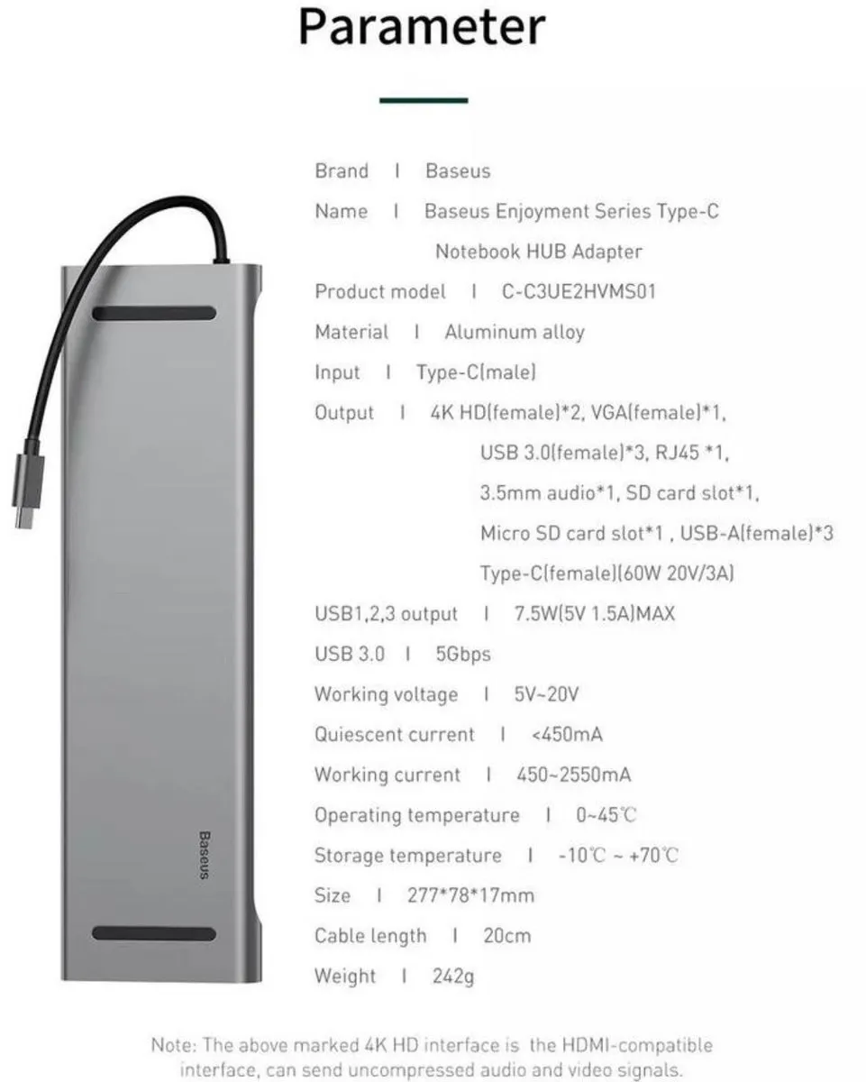 Baseus 8-in-1 USB-C Hub - HDMI & USB-A - Grijs