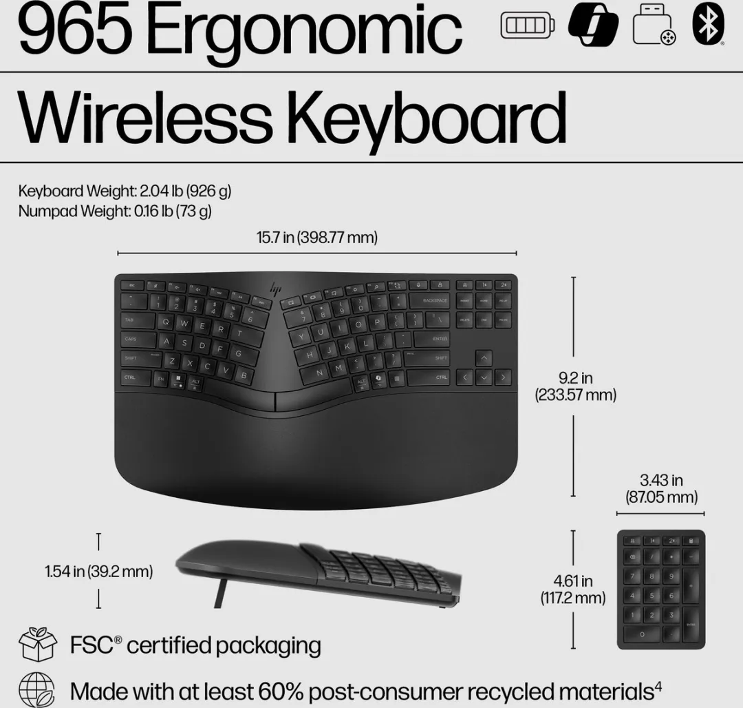 HP 965 Ergonomic Wireless Keyboard 7E756AA#ABB - Zwart