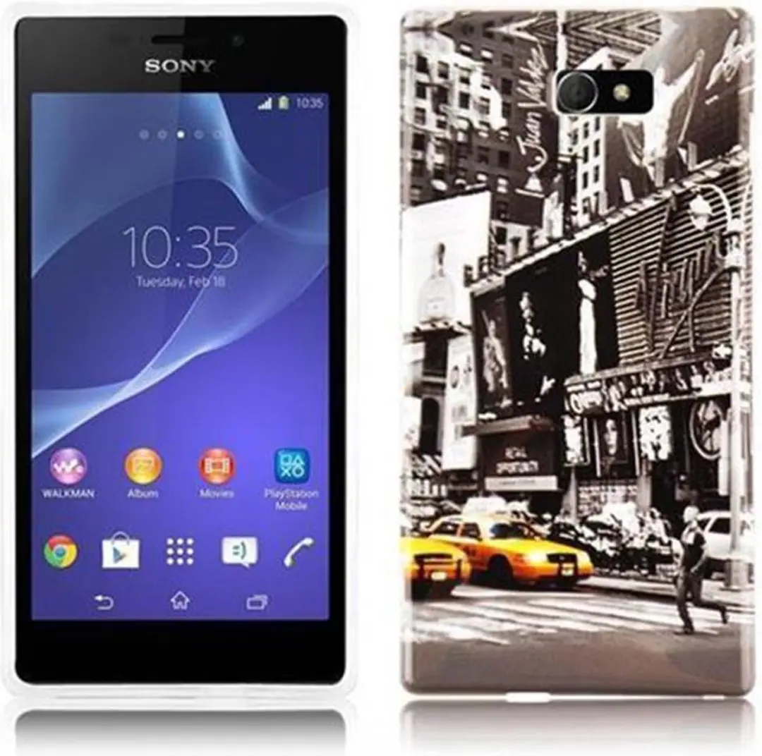 Cadorabo Hoesje geschikt voor Sony Xperia M2 / M2 AQUA met NEW YORK CAB opdruk