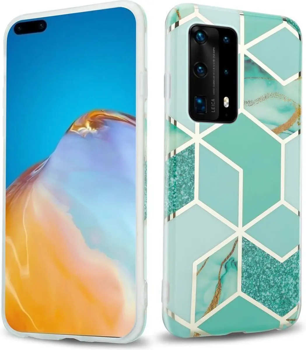 Cadorabo Hoesje geschikt voor Huawei P40 in Groen Lichtgroen Goud Marmer No. 3