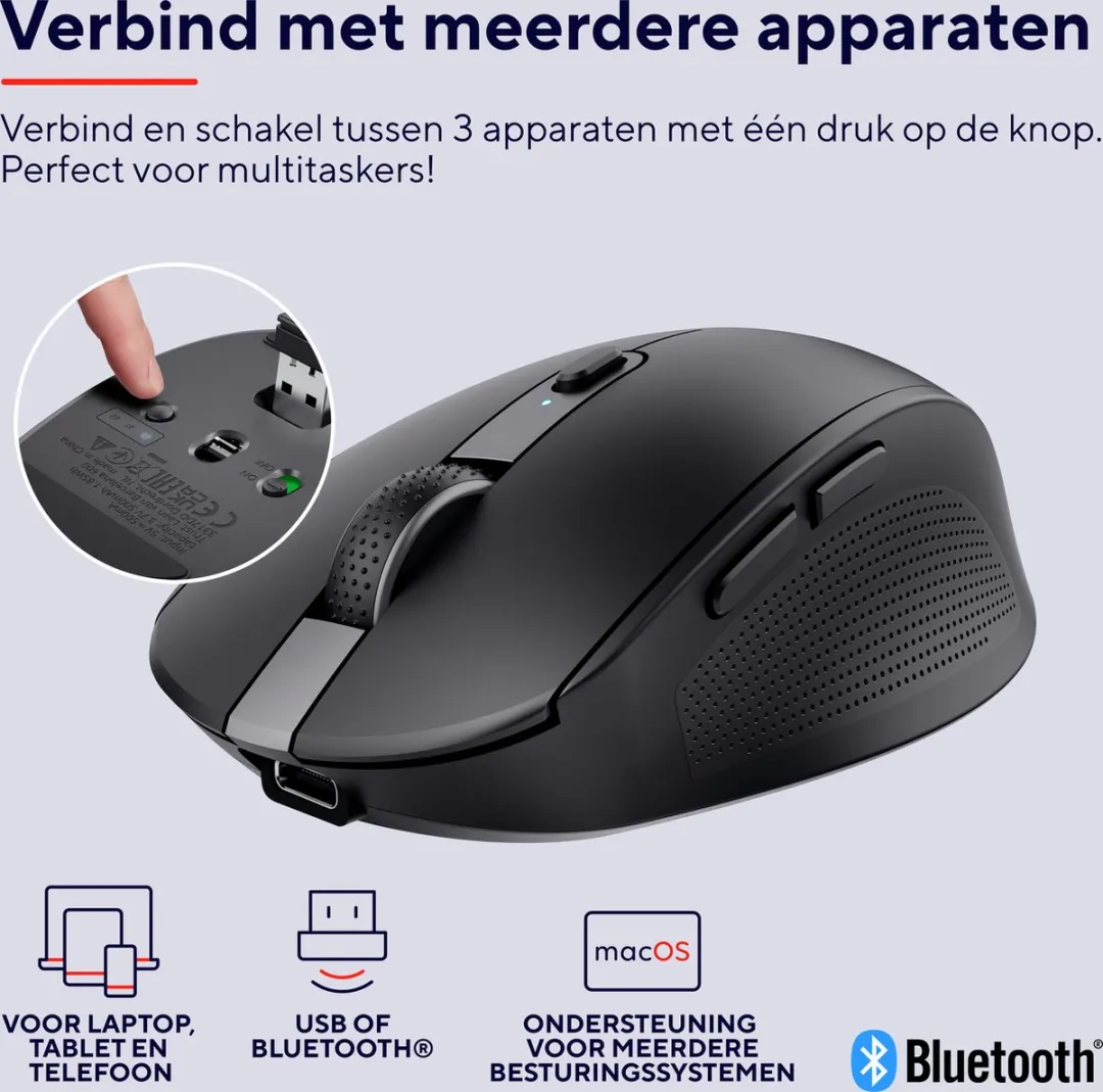 Trust Ozaa Compact - Oplaadbare draadloze muis - USB & Bluetooth - Stil - Zwart
