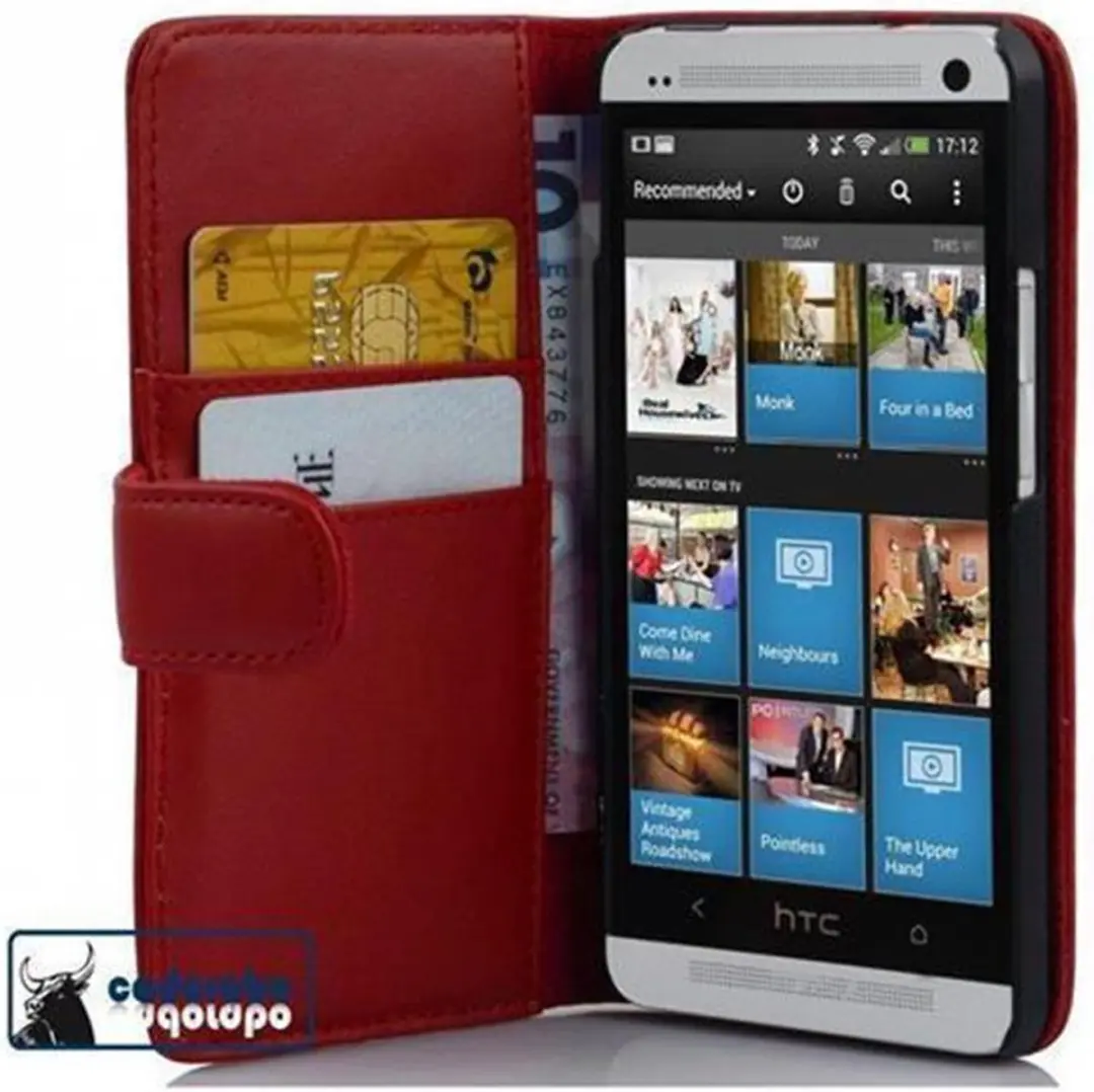 Cadorabo Hoesje geschikt voor HTC ONE M4 MINI in CHILI ROOD - Beschermhoes van glad imitatieleer en kaartvakje Book Case Cover Etui