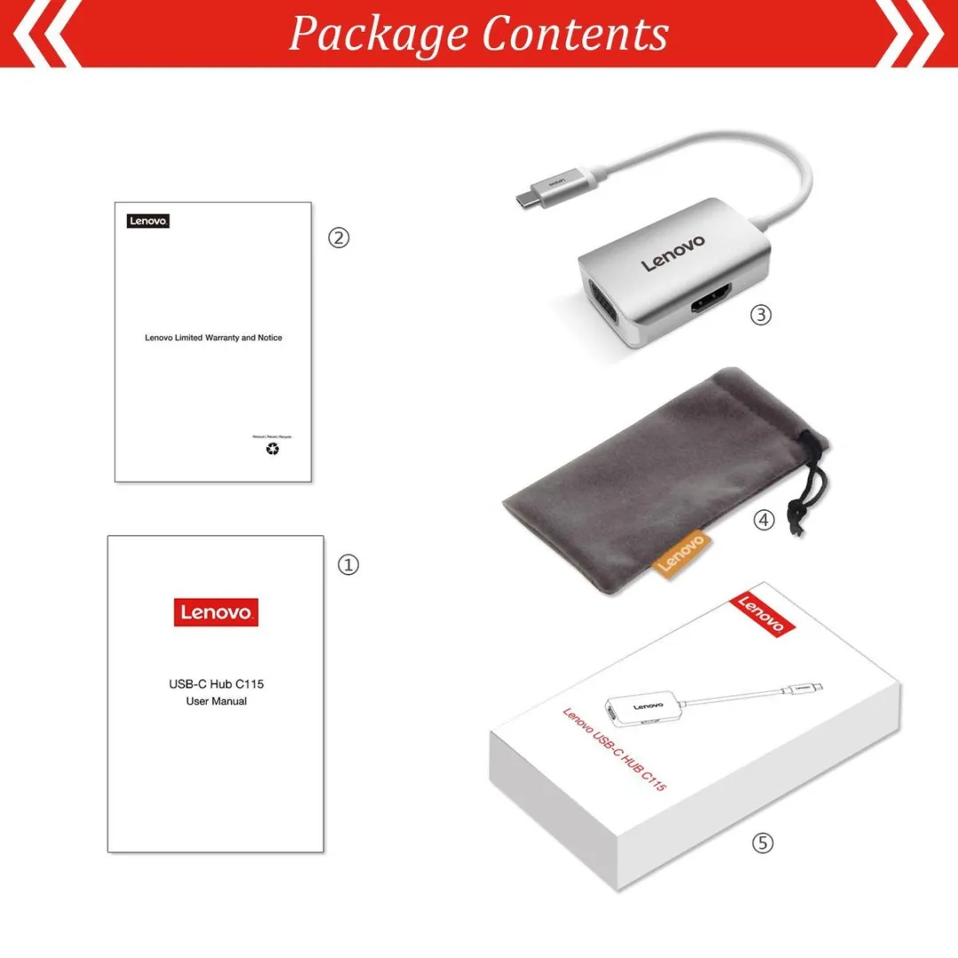 Lenovo USB-C Hub LEN-C115-SL - 4K HDMI/VGA - Zilver - afbeelding 6 van 6