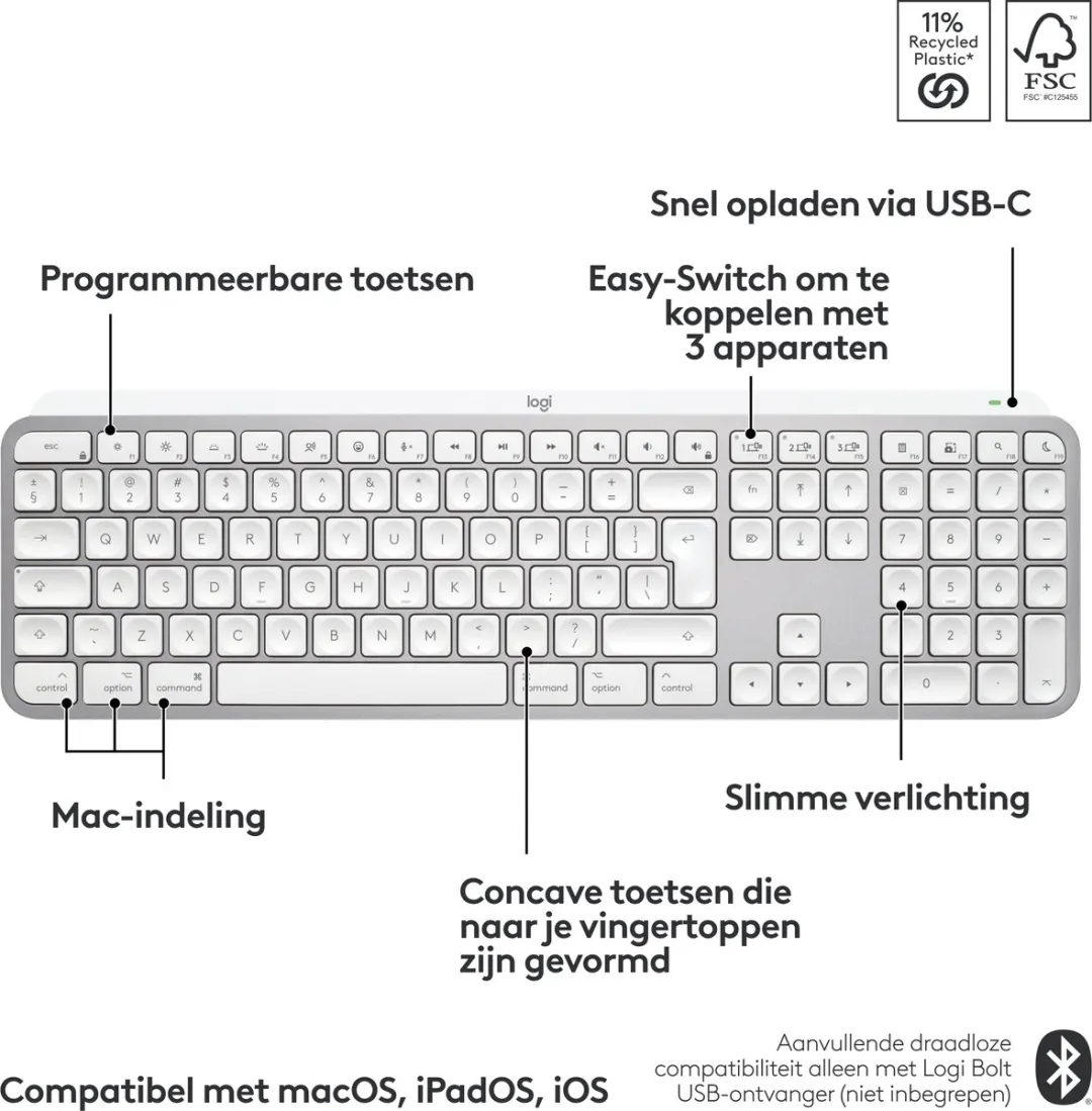 Logitech MX Keys S for Mac - Draadloos Toetsenbord - Bluetooth - Qwerty US INTL - Pale Grey