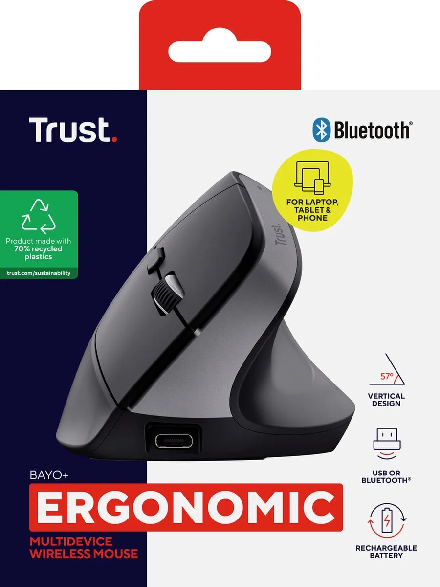 Trust Bayo+ 25146 Draadloze Ergonomische Muis - Zwart
