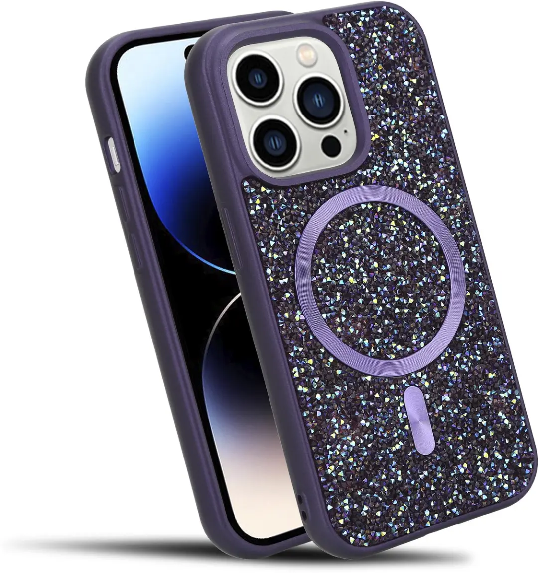 Hoesje geschikt voor iPhone 14 PRO in Paars Diamant Glitter Stijl