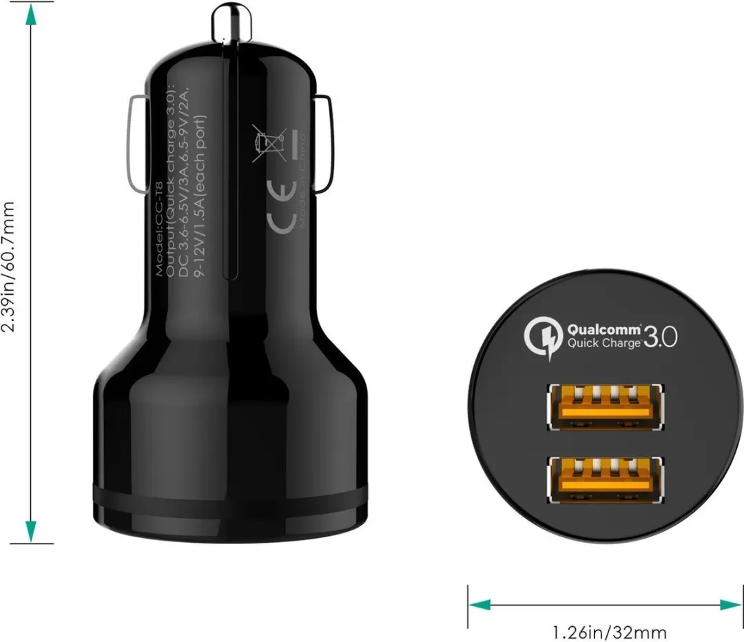 Aukey CC-T8 Autolader - 36W - 2 USB-poorten - Zwart - afbeelding 3 van 6