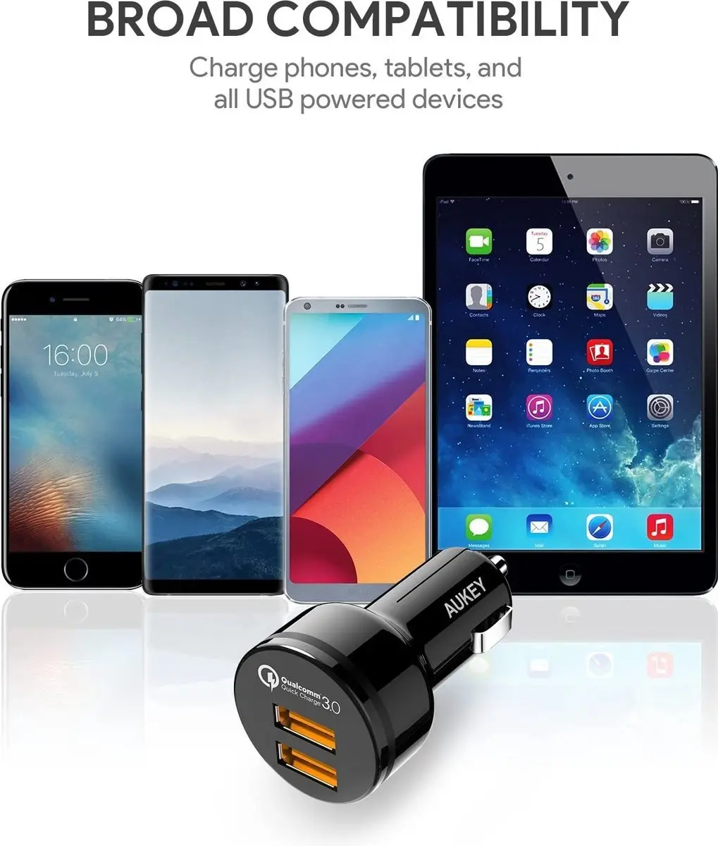 Aukey CC-T8 Autolader - 36W - 2 USB-poorten - Zwart - afbeelding 4 van 6