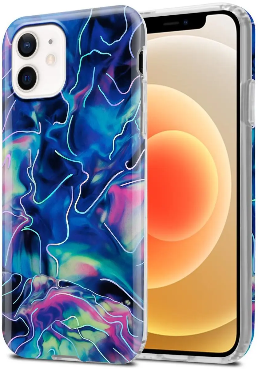 Cadorabo Hoesje geschikt voor Apple iPhone 12 / 12 PRO in Blauw Roze marmer No.