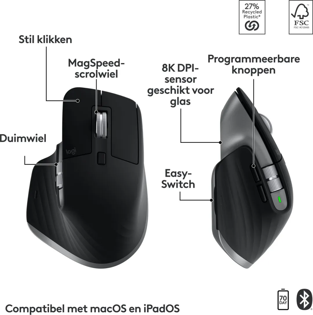 Logitech MX Keys S Combo for Mac - Draadloos Toetsenbord en Muis - Qwerty US INTL - Space Grey