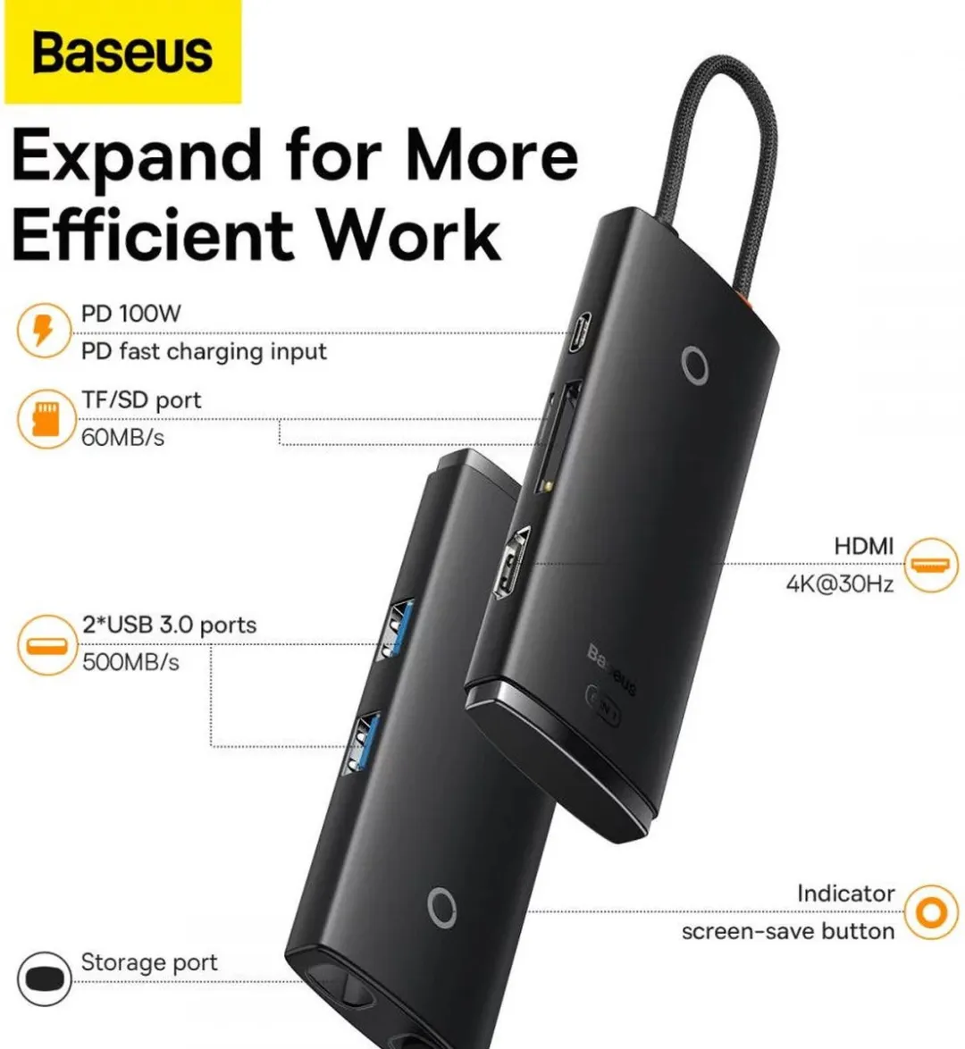 Baseus Lite 6-in-1 USB-C Hub WKQX050101 - HDMI/USB 3.0/SD/TF - Zwart