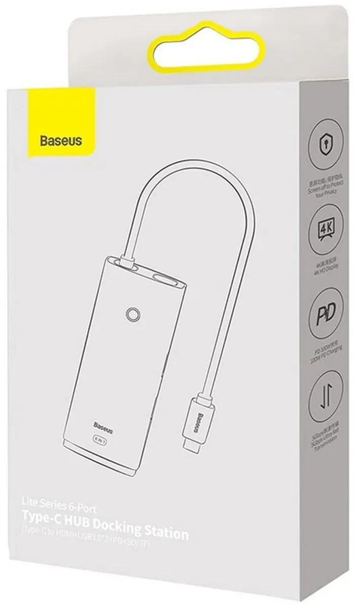 Baseus Lite 6-in-1 USB-C Hub WKQX050101 - HDMI/USB 3.0/SD/TF - Zwart