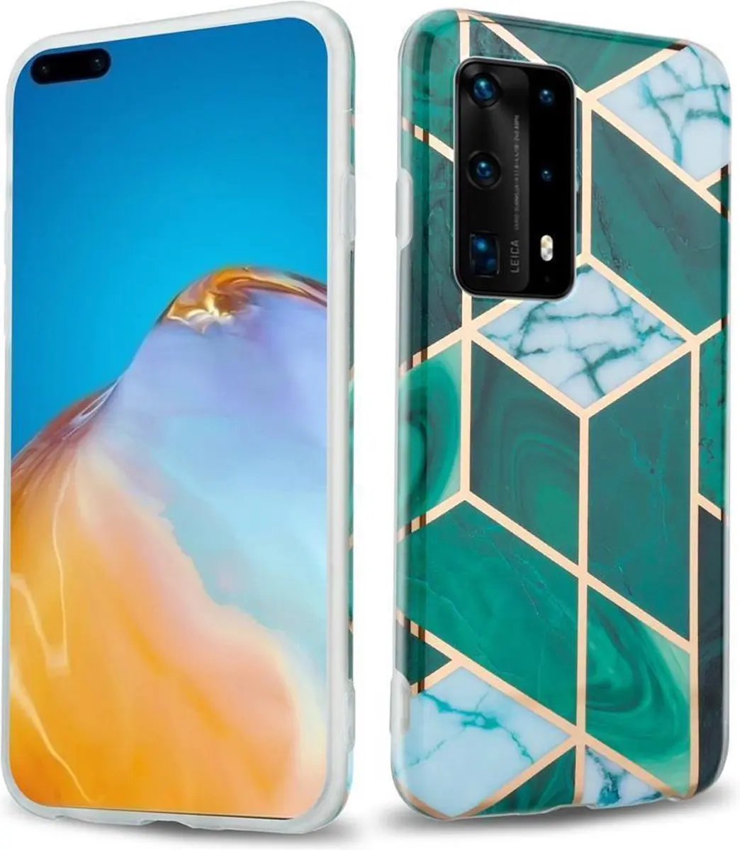 Cadorabo Hoesje geschikt voor Huawei P40 in Donkergroen Wit Goud Marmer No. 6